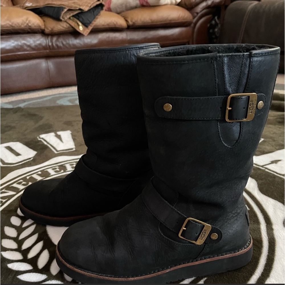 UGG fur boots! Black with gold buckles. Like new, worn a few times. Size 8.